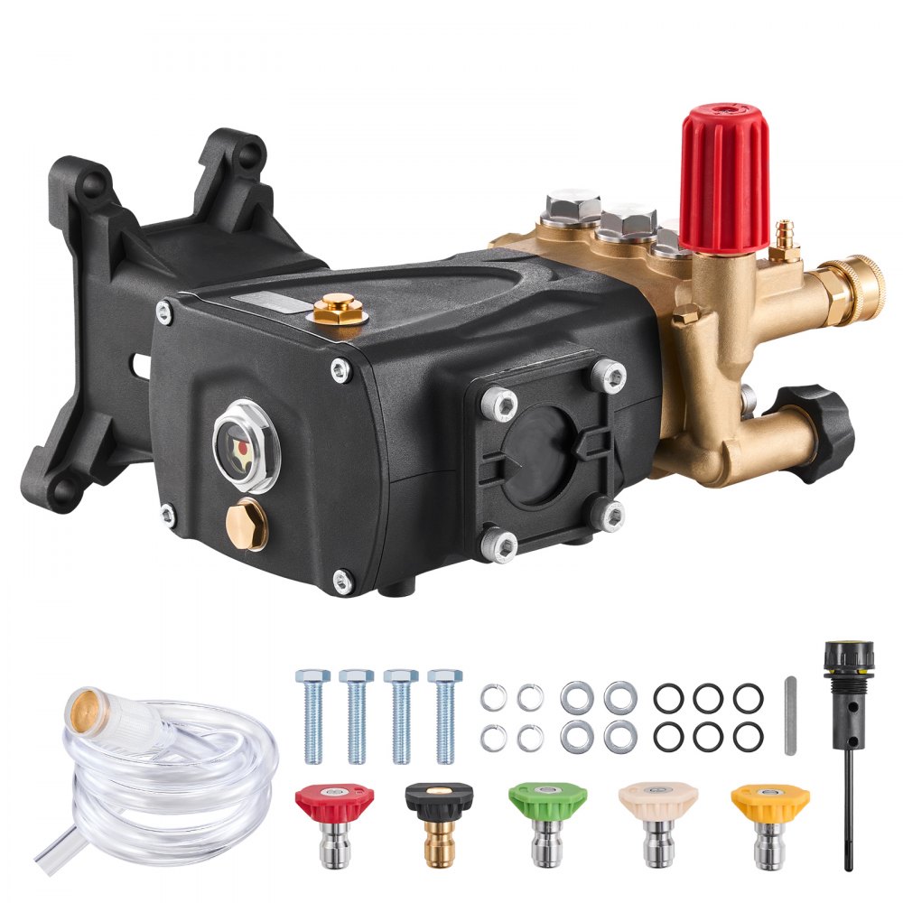 VEVOR Pressure Washer Pump, 25.4 mm(1") Shaft Horizontal Triplex Plunger, 276 bar(4000 PSI), 15 L/min(4.0GPM), Replacement Power Washer Pumps Kit with 5 Nozzles, Compatible with Simpson MorFlex 40224, 40225, 40226, Santoprene