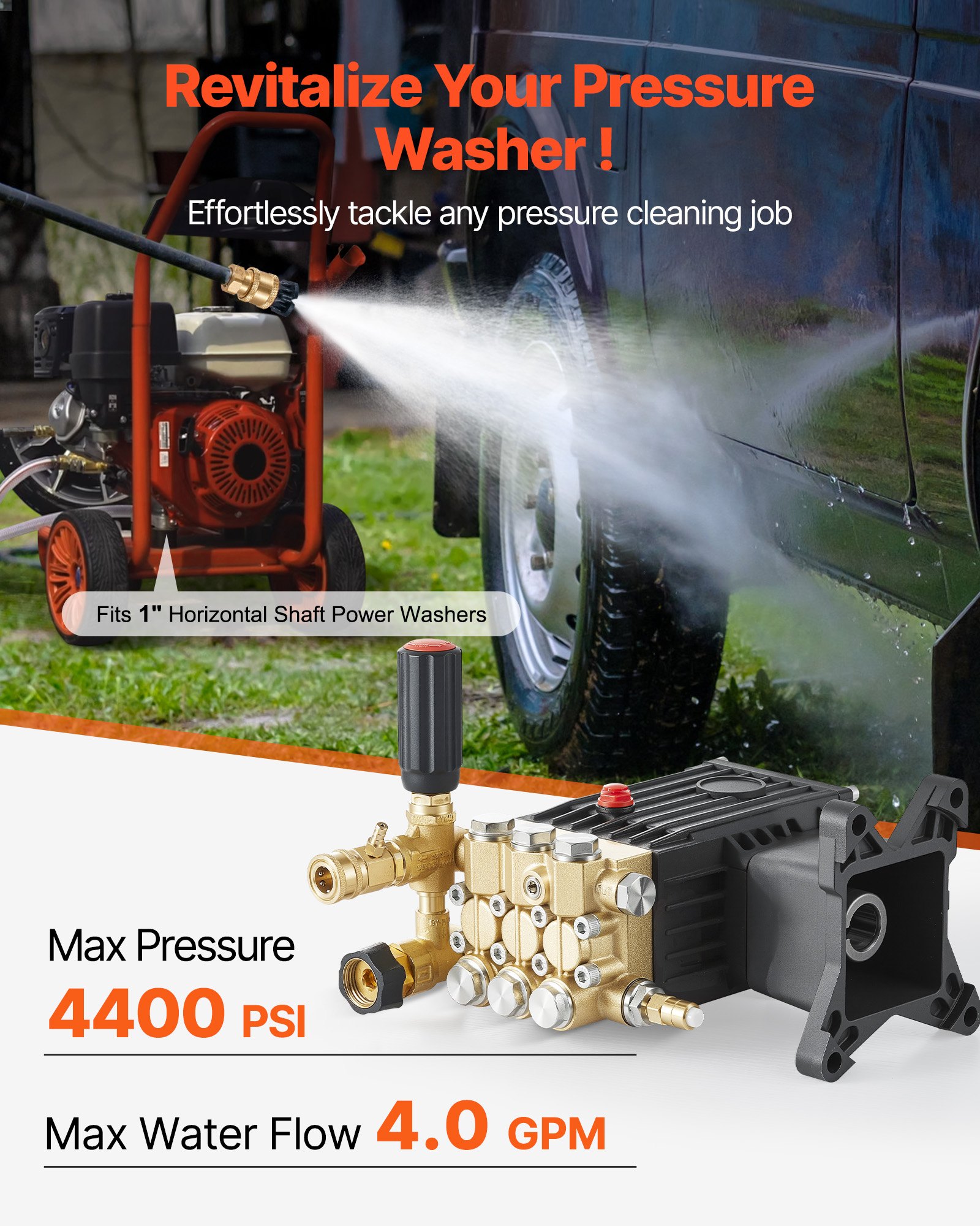 VEVOR Pressure Washer Pump, 1" Shaft Horizontal Triplex Plunger, 3600 PSI, 3.7 GPM, Replacement Power Washer Pumps Kit with Siphon Tube, Hardware, Compatible with Simpson MorFlex 40224, 40225, 40226