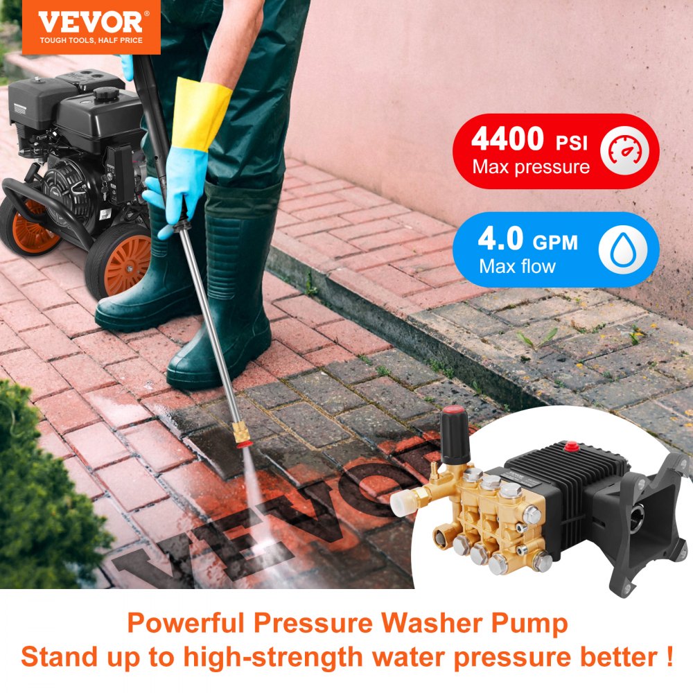 VEVOR Pressure Washer Pump 1 Shaft Horizontal Triplex Plunger 4400 PSI 4 GPM Flow Replacement Power Washer Pumps Kit Parts Washer Pump Compatible