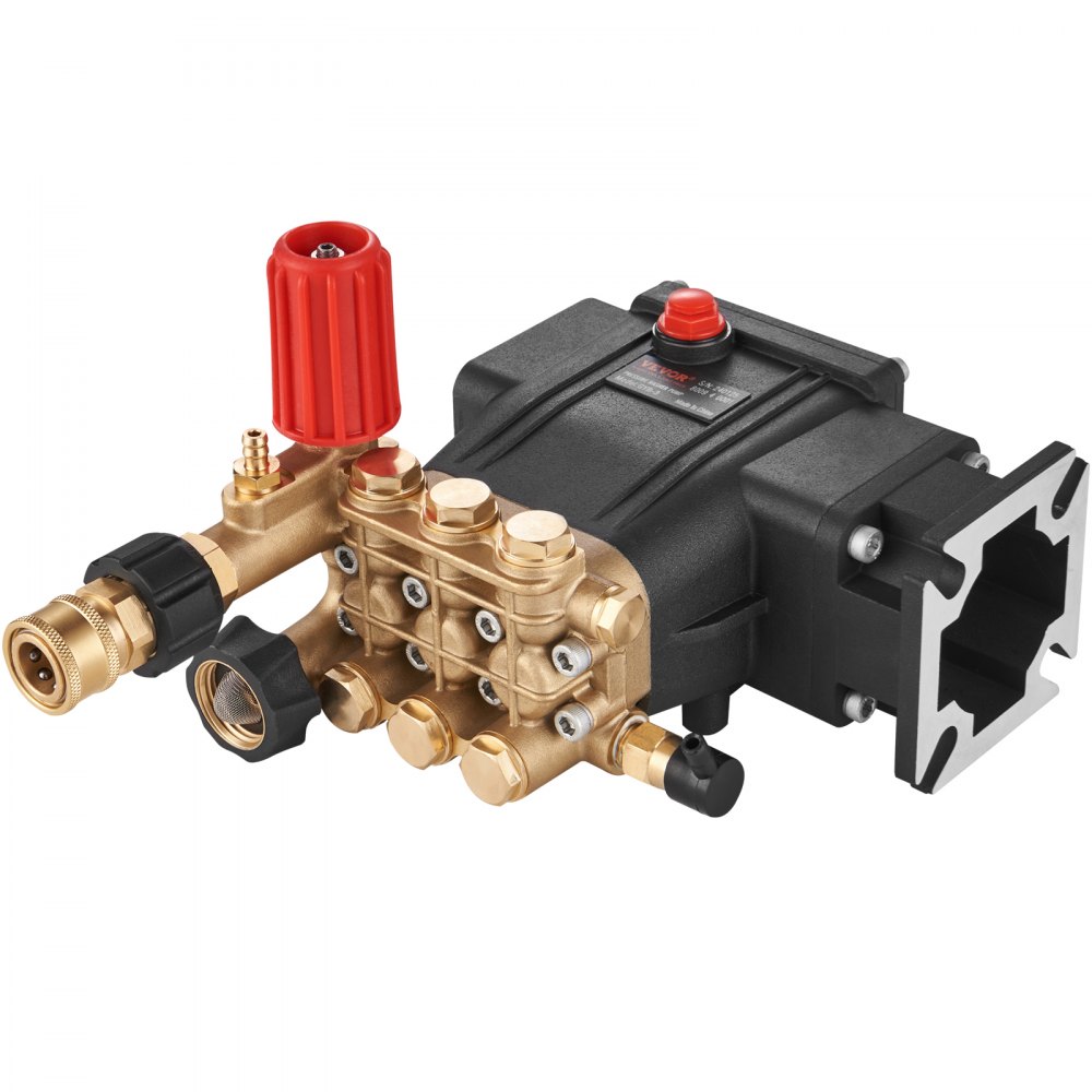 VEVOR pressure washer pump with brass fittings and red knob for high-pressure cleaning tasks.