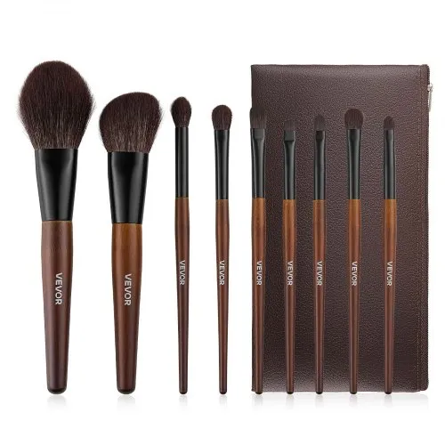 VEVOR 9-Piece Makeup Brush Set for Foundation Blending Eyeshadow, Professional Makeup Brush Kit with Soft Natural Wool & Vegan Synthetic Bristles, Ergonomic Wood Handle, Travel-Friendly Storage Bag