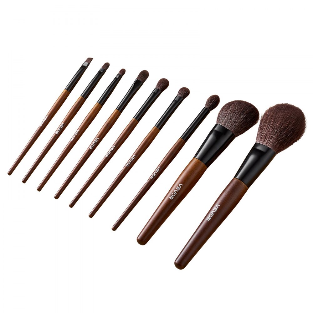 VEVOR 9-Piece Makeup Brush Set for Foundation Blending Eyeshadow, Professional Makeup Brush Kit with Soft Natural Wool & Vegan Synthetic Bristles, Ergonomic Wood Handle, Travel-Friendly Storage Bag