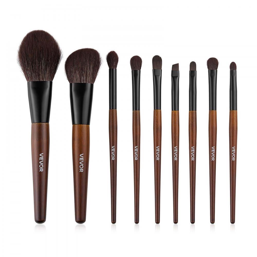 VEVOR 9-Piece Makeup Brush Set for Foundation Blending Eyeshadow, Professional Makeup Brush Kit with Soft Natural Wool & Vegan Synthetic Bristles, Ergonomic Wood Handle, Travel-Friendly Storage Bag