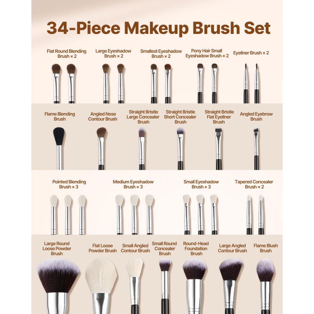 VEVOR 34-Piece Makeup Brush Set, Professional Brushes Kit for Foundation Blending Eyeshadow Concealer Blush - with Soft Bristles, Ergonomic Wood Handle, Travel-Friendly Case Included