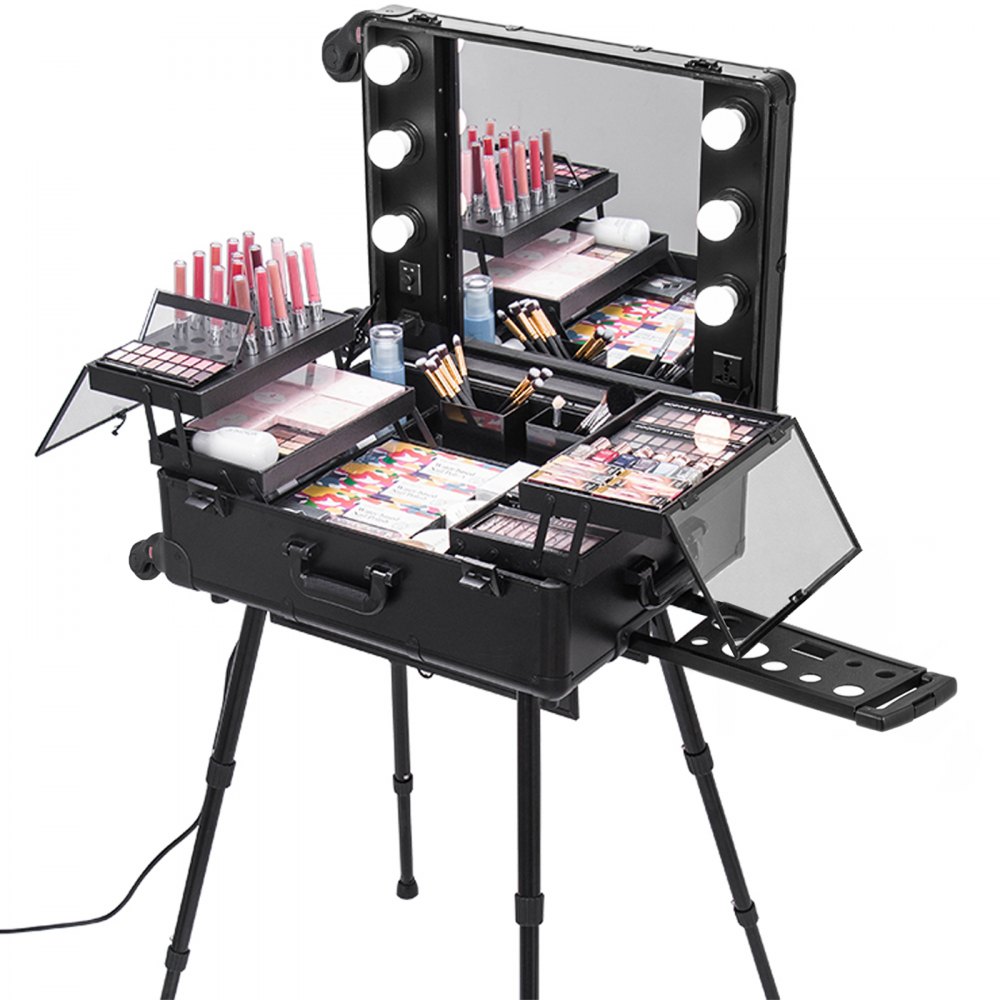 VEVOR Rolling Makeup Case 28"x21"x54" with LED Light Mirror Adjustable Legs Lockable Train Table Studio Artist Cosmetic