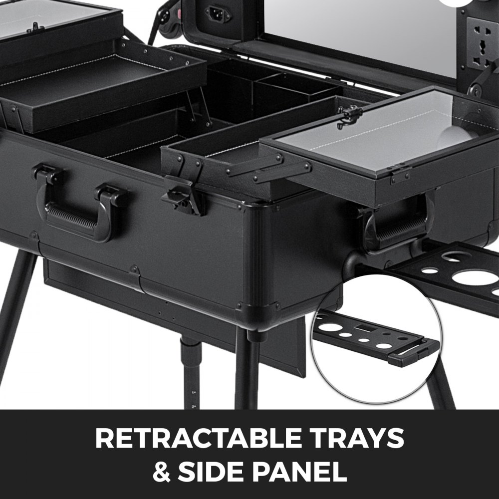 VEVOR Rolling Makeup Case 28"x21"x54" with LED Light Mirror Adjustable Legs Lockable Train Table Studio Artist Cosmetic