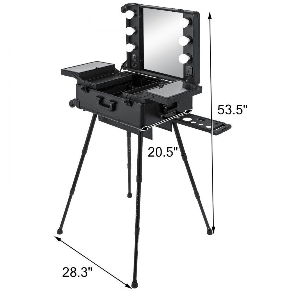 VEVOR Rolling Makeup Case 28"x21"x54" with LED Light Mirror Adjustable Legs Lockable Train Table Studio Artist Cosmetic