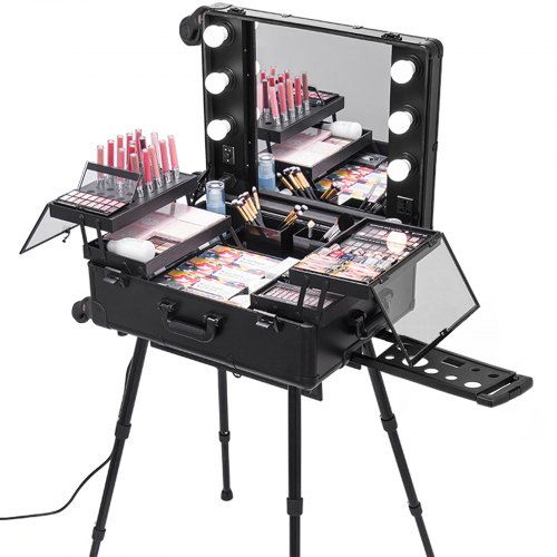 2 In 1 Beauty Cosmetics Makeup Case Trolley Jewelry Mirror Adjustable Legs