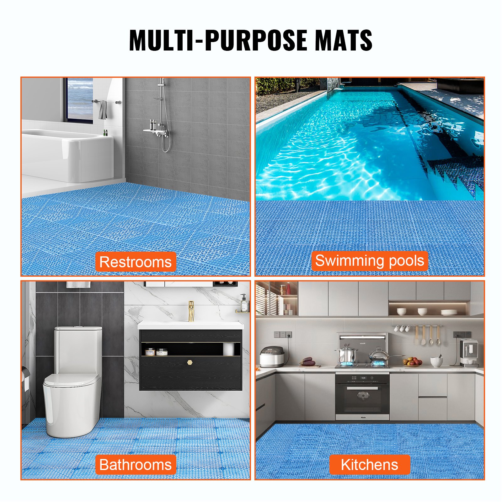 VEVOR Modular Interlocking Cushion, 50 Pack 30 x 30 cm Splicing Drainage Mats, Soft PVC Interlocking Drainage Floor Tiles, Non-Slip Drainage Holes for Restroom, Bathroom, Kitchen, Pool, Wet Area, Blue