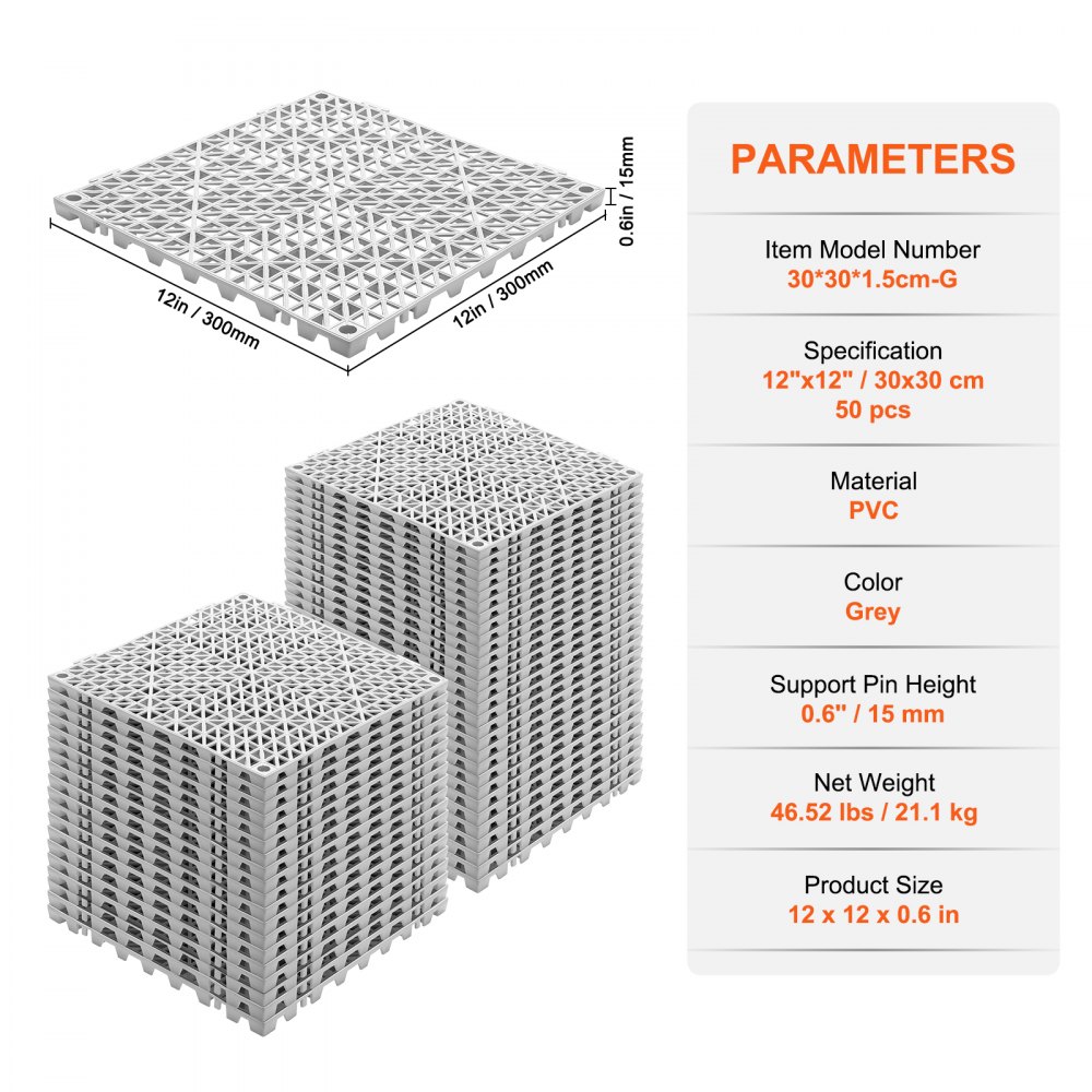 VEVOR drainage tiles, 12&quot;x12&quot; grey pvc, stack of 50 pcs, 0.6&quot; height shown with dimensions and parameters.