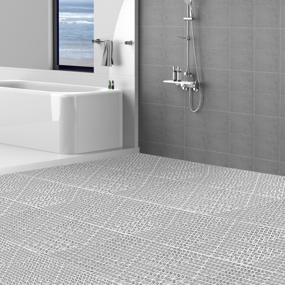 modern bathroom with VEVOR drainage tiles, a bathtub near a window, and a shower on a gray tiled wall.