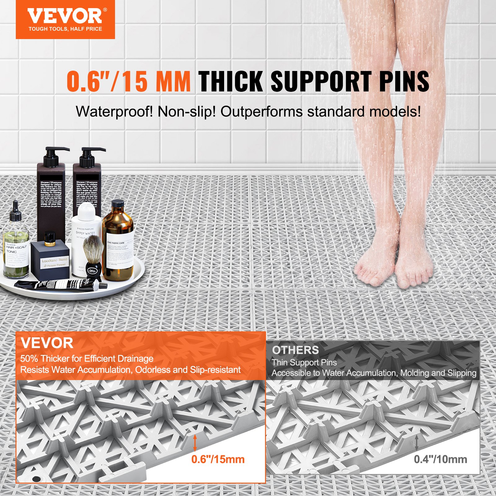 VEVOR drainage tiles in a shower, featuring 0.6&quot;/15mm thick support pins, waterproof and non-slip.
