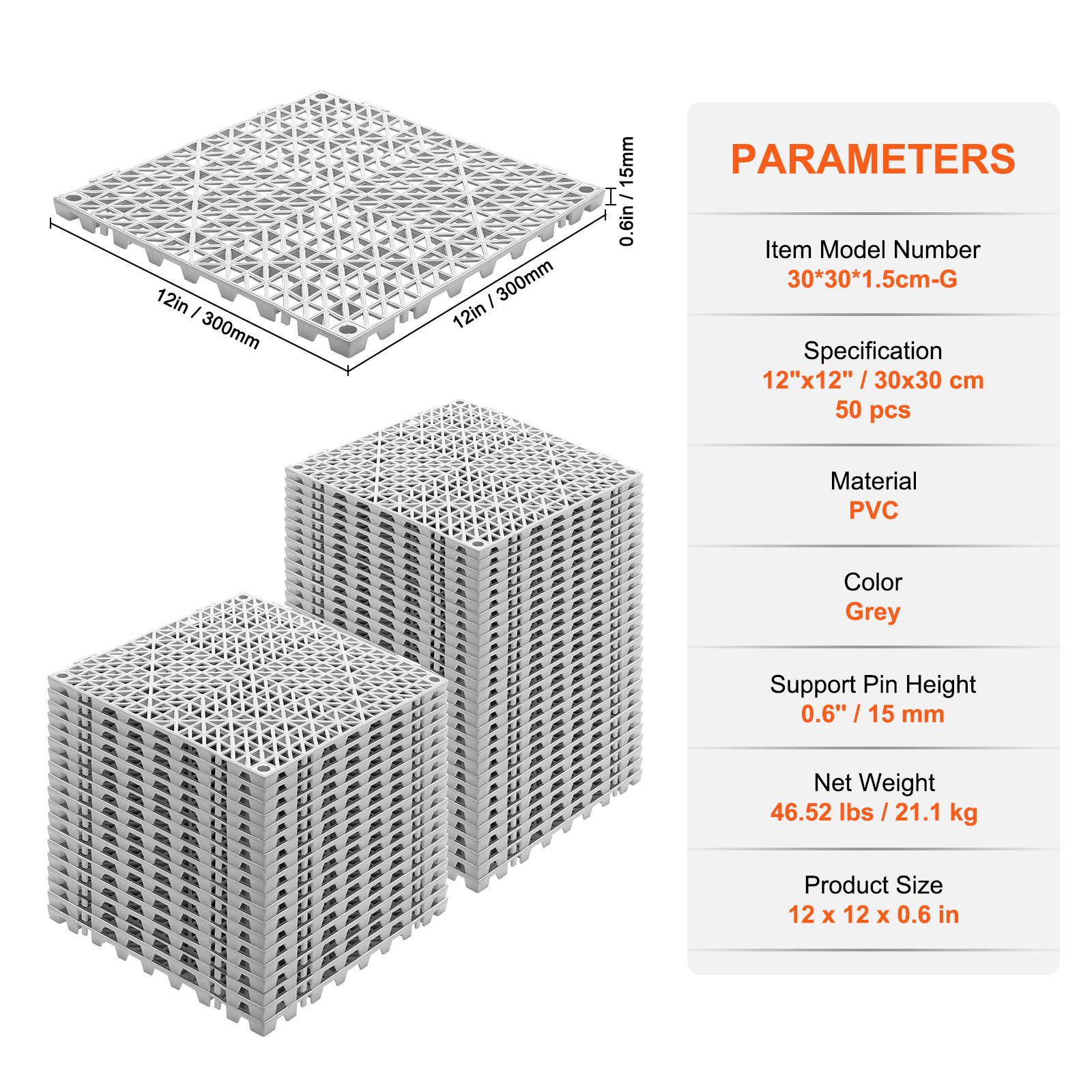 VEVOR drainage tiles, 12&quot;x12&quot; grey pvc, stack of 50 pcs, 0.6&quot; height shown with dimensions and parameters.