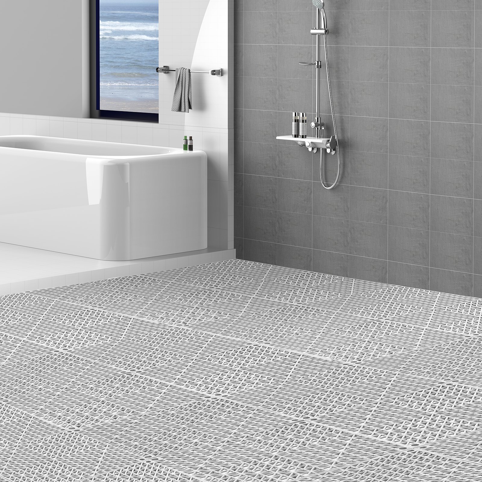 modern bathroom with VEVOR drainage tiles, a bathtub near a window, and a shower on a gray tiled wall.