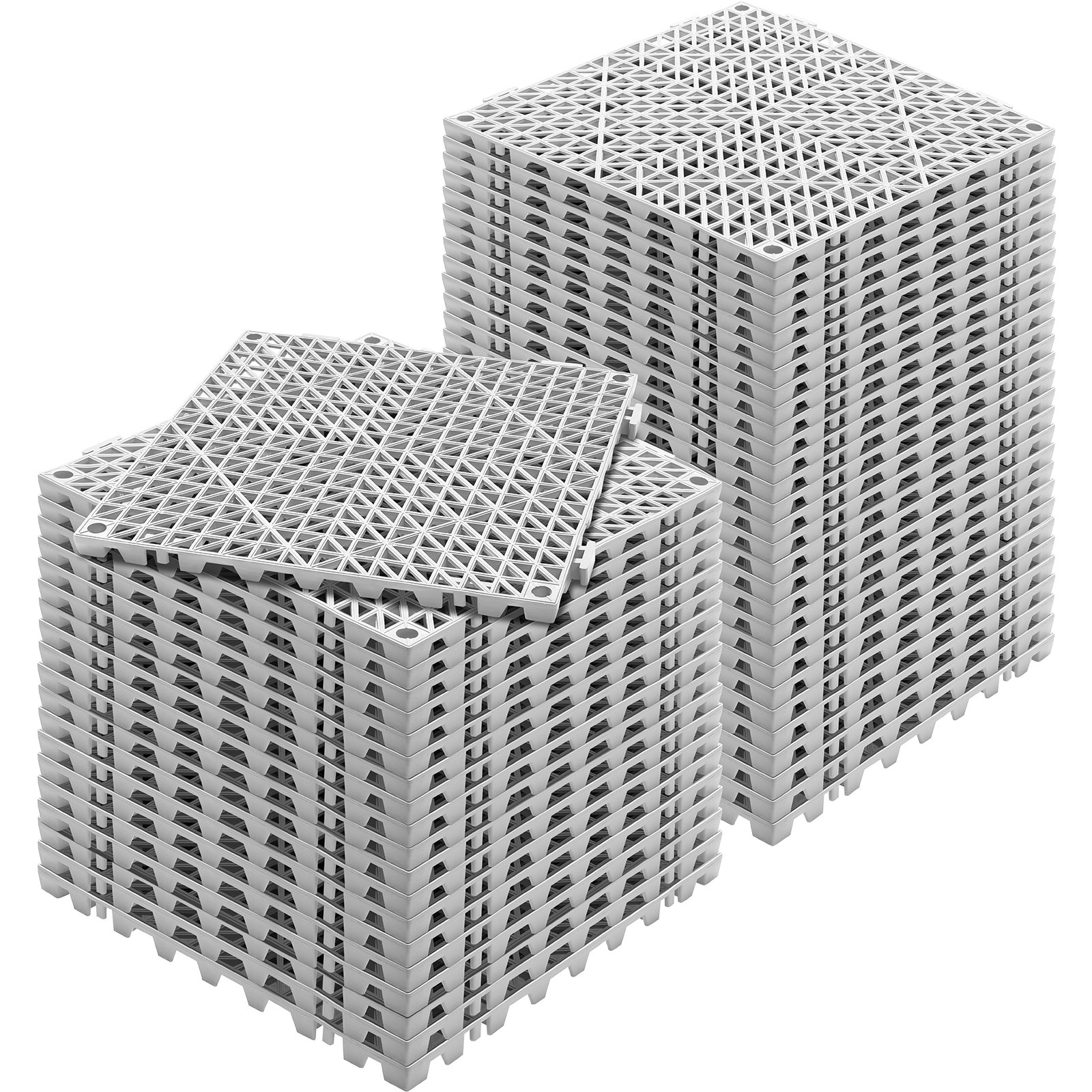 stacked gray VEVOR drainage tiles with interlocking grid pattern for efficient water management.