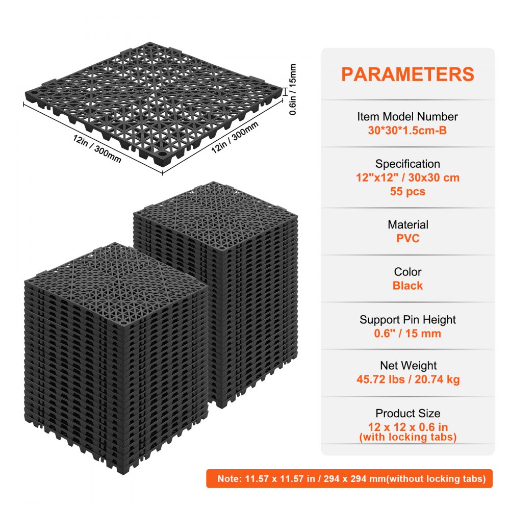 VEVOR Interlocking Tile 55PCS Black, Drainage Tiles 12" x 12" Splicing, Soft PVC Interlocking Drainage Floor Tiles, Non-Slip Drainage Holes for Restroom, Bathroom, Kitchen, Pool, Wet Areas