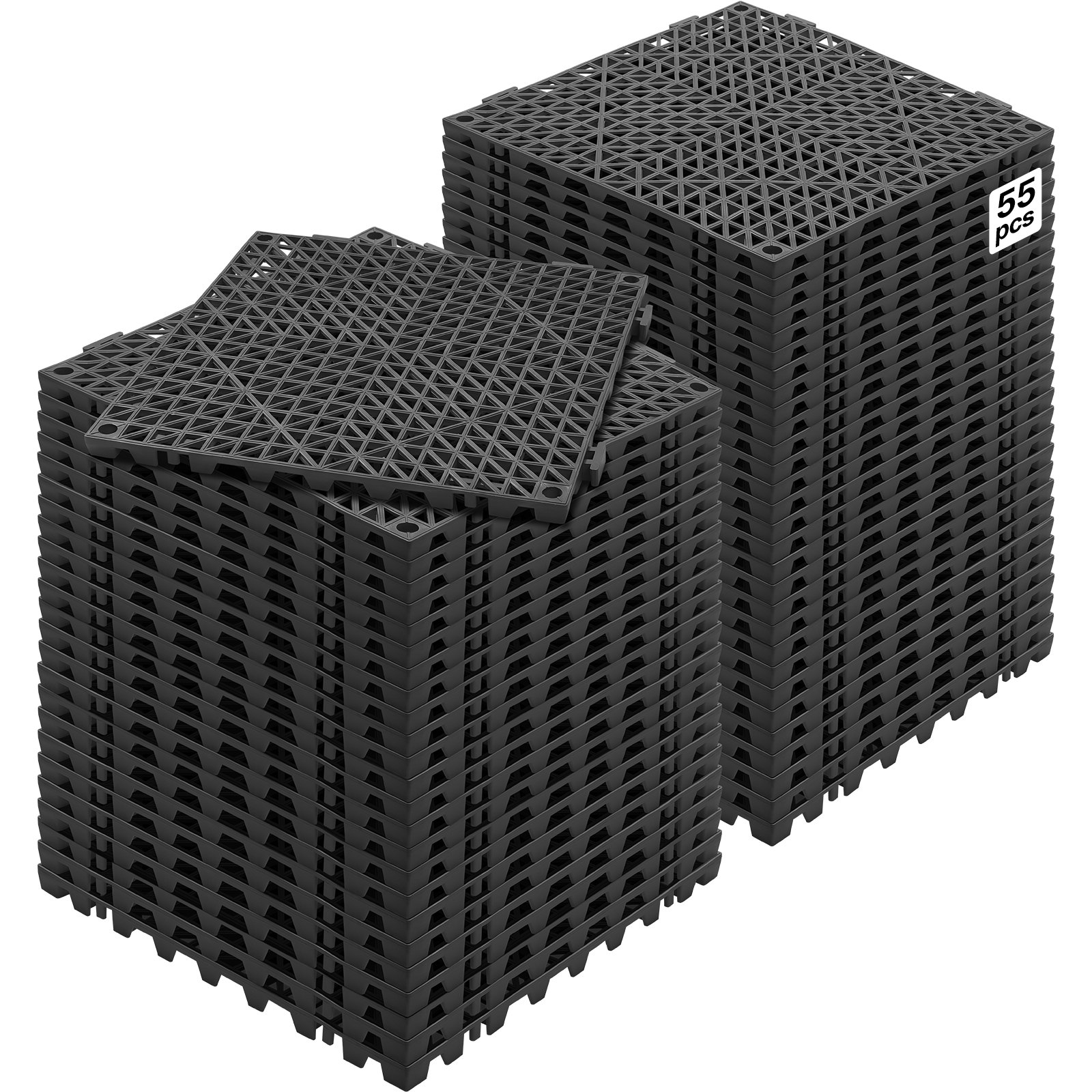 VEVOR Modular Interlocking Cushion, 55 Pack 30 x 30 cm Splicing Drainage Mats, PVC Interlocking Drainage Floor Tiles, Non-Slip Drainage Holes for Restroom, Bathroom, Kitchen, Pool, Wet Area, Black