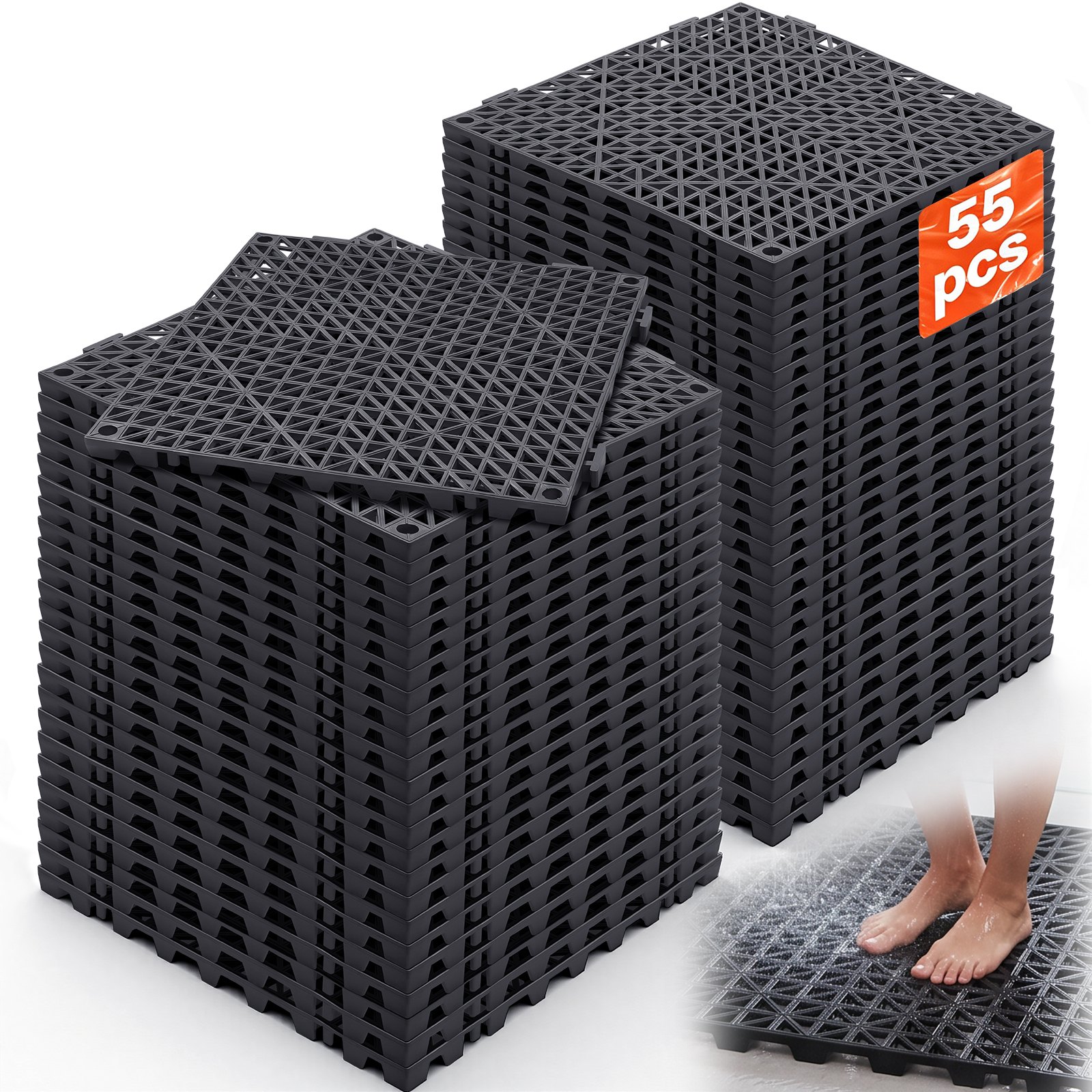 VEVOR Interlocking Tile 55PCS Black, Drainage Tiles 12" x 12" Splicing, Soft PVC Interlocking Drainage Floor Tiles, Non-Slip Drainage Holes for Restroom, Bathroom, Kitchen, Pool, Wet Areas