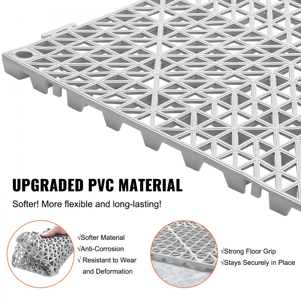 VEVOR modulární zámkový polštář, 55 balení 30 x 30 cm spojovací drenážní rohože, měkká PVC zámková drenážní dlažba, protiskluzové drenážní otvory pro toaletu, koupelnu, kuchyň, bazén, mokrá oblast, šedá