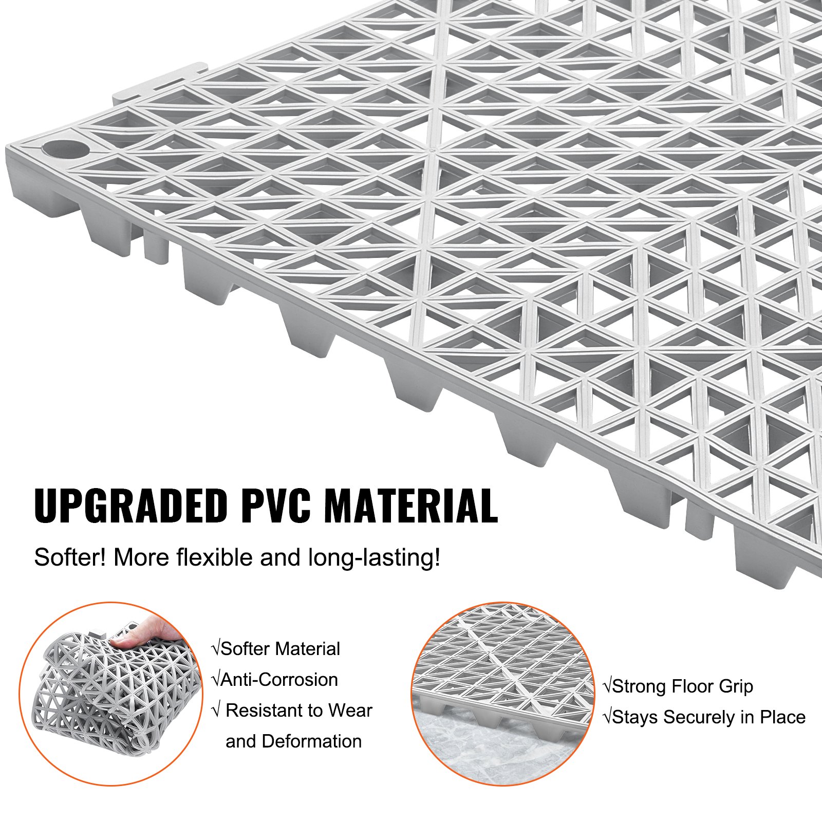 VEVOR modulární zámkový polštář, 55 balení 30 x 30 cm spojovací drenážní rohože, měkká PVC zámková drenážní dlažba, protiskluzové drenážní otvory pro toaletu, koupelnu, kuchyň, bazén, mokrá oblast, šedá