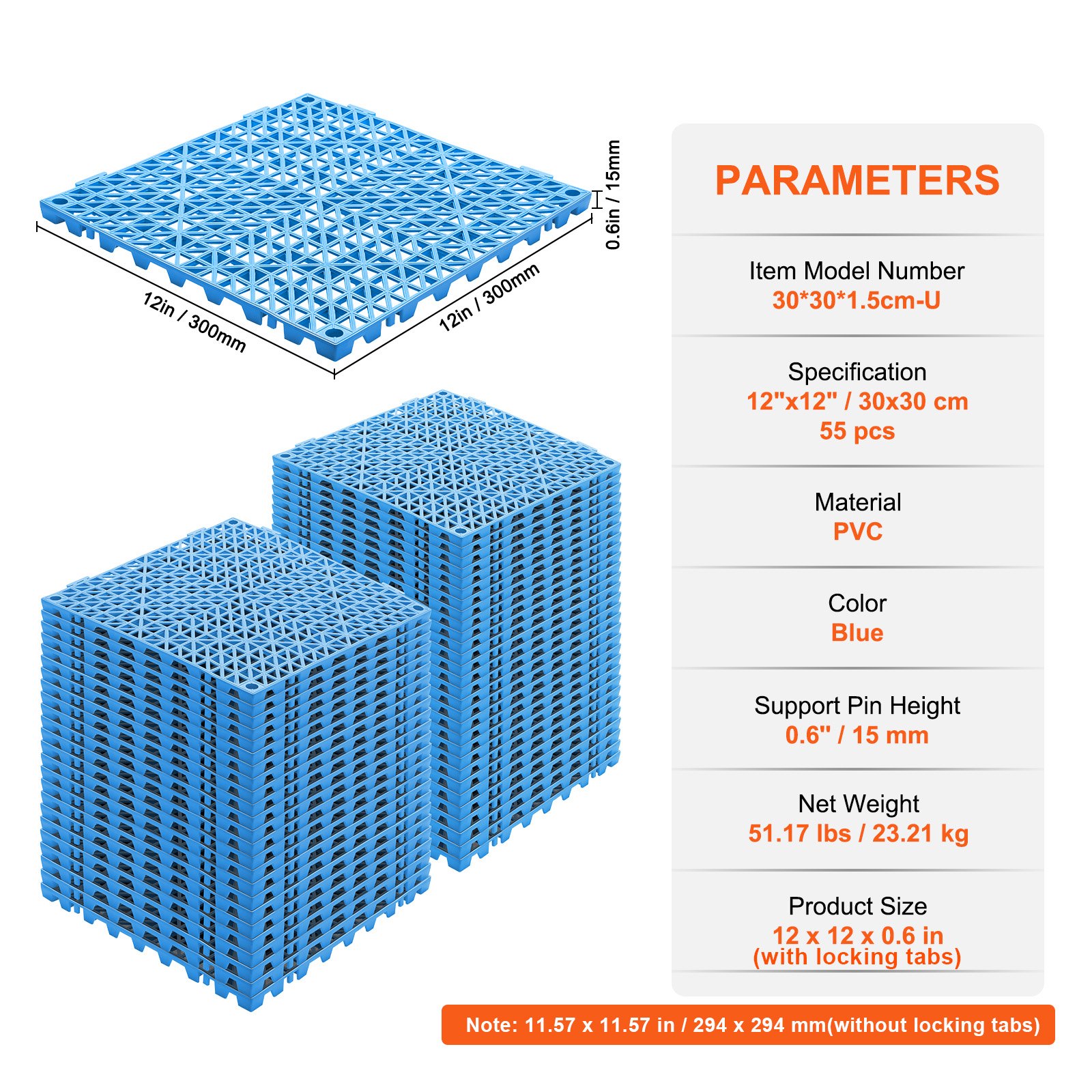 VEVOR Modular Interlocking Cushion, 55 Pack 30 x 30 cm Splicing Drainage Mats, Soft PVC Interlocking Drainage Floor Tiles, Non-Slip Drainage Holes for Restroom, Bathroom, Kitchen, Pool, Wet Area, Blue