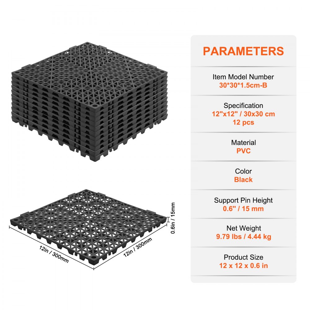 Αντιολισθητικά πλακάκια δαπέδου VEVOR Interlocking Drainage 12" x 12" Πλακάκια δαπέδου από PVC 12 Συσκευασία
