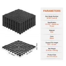 VEVOR Modular Interlocking Cushion, 12 Pack 30 x 30 cm Splicing Drainage Mats, Soft PVC Interlocking Drainage Floor Tiles, Non-Slip Drainage Holes for Restroom, Kitchen, Pool, Wet Areas, Black