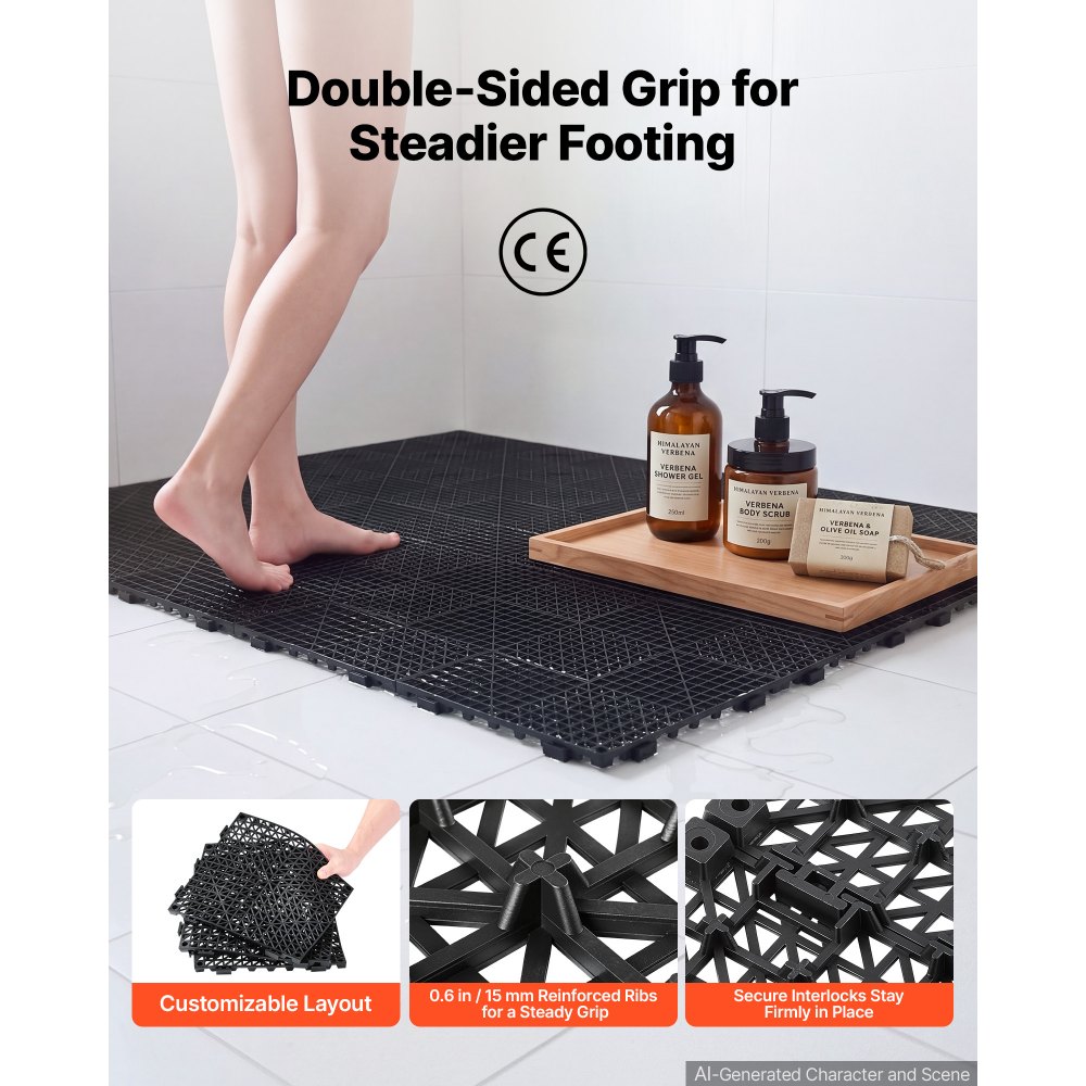 VEVOR Modular Interlocking Cushion 24 Pack Splicing Drainage Mats Black, for Bathrooms Restrooms Pools Kitchens, 300x300 mm Non-Slip PVC Interlocking Floor Tiles, 15 mm Thickened, Easy to Clean