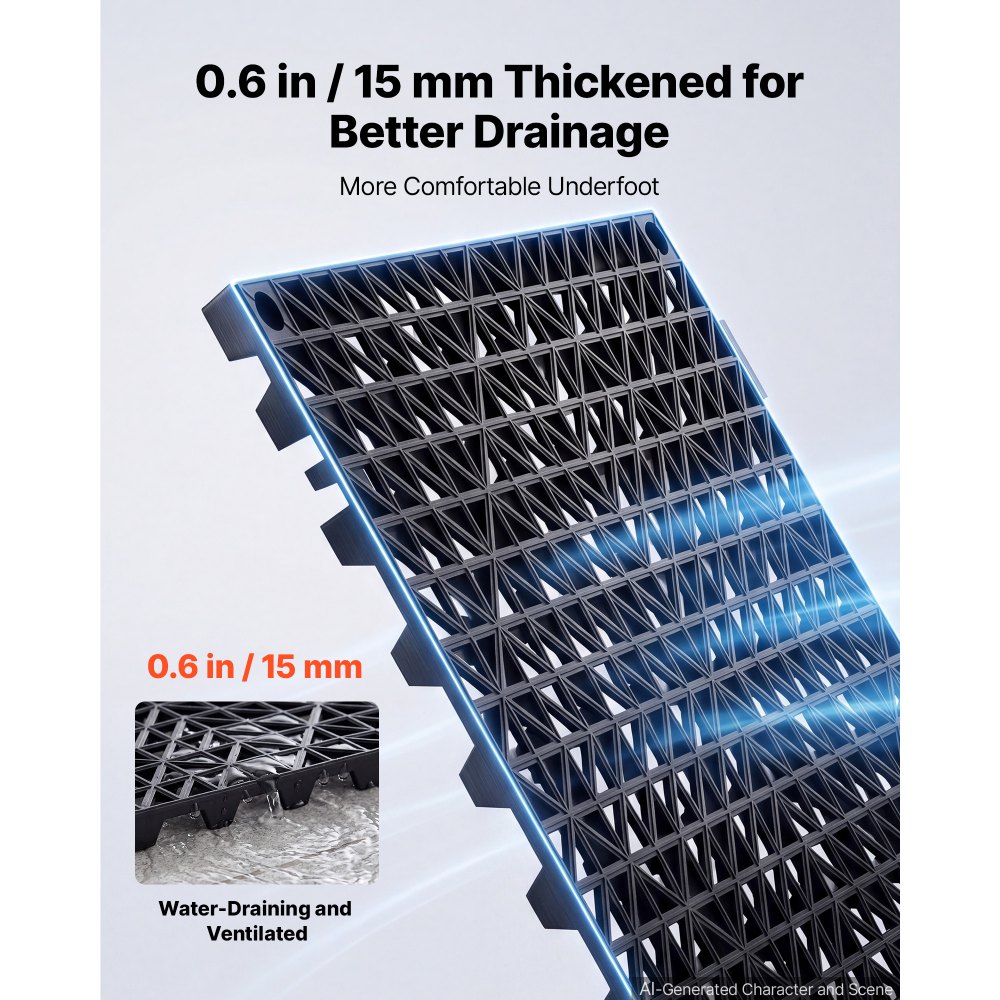 VEVOR Modular Interlocking Cushion 24 Pack Splicing Drainage Mats Black, for Bathrooms Restrooms Pools Kitchens, 300x300 mm Non-Slip PVC Interlocking Floor Tiles, 15 mm Thickened, Easy to Clean
