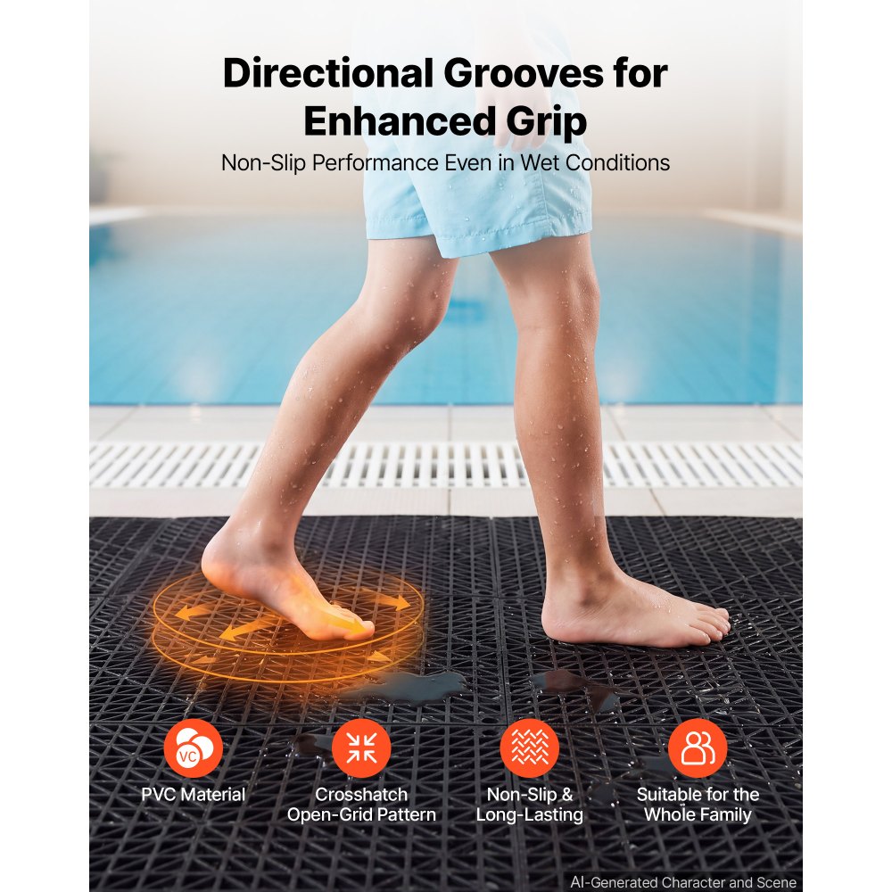 VEVOR Modular Interlocking Cushion 24 Pack Splicing Drainage Mats Black, for Bathrooms Restrooms Pools Kitchens, 300x300 mm Non-Slip PVC Interlocking Floor Tiles, 15 mm Thickened, Easy to Clean