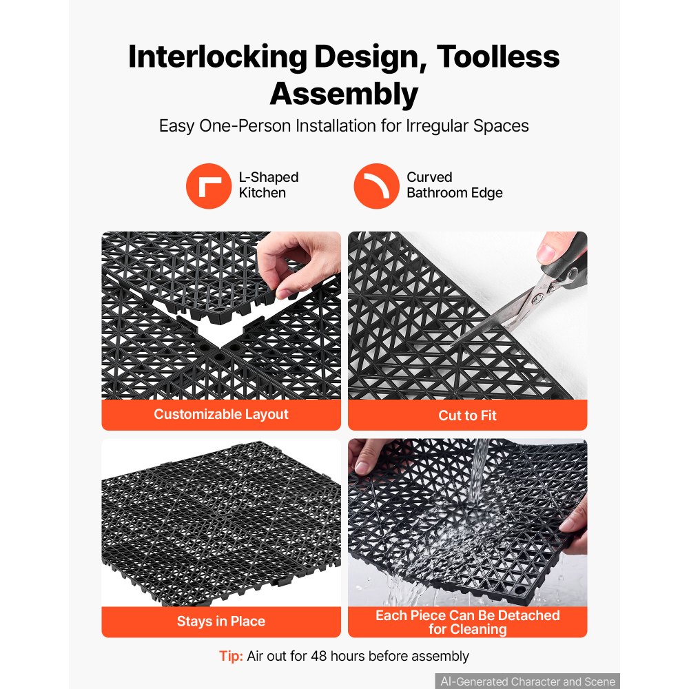 VEVOR Modular Interlocking Cushion 24 Pack Splicing Drainage Mats Black, for Bathrooms Restrooms Pools Kitchens, 300x300 mm Non-Slip PVC Interlocking Floor Tiles, 15 mm Thickened, Easy to Clean