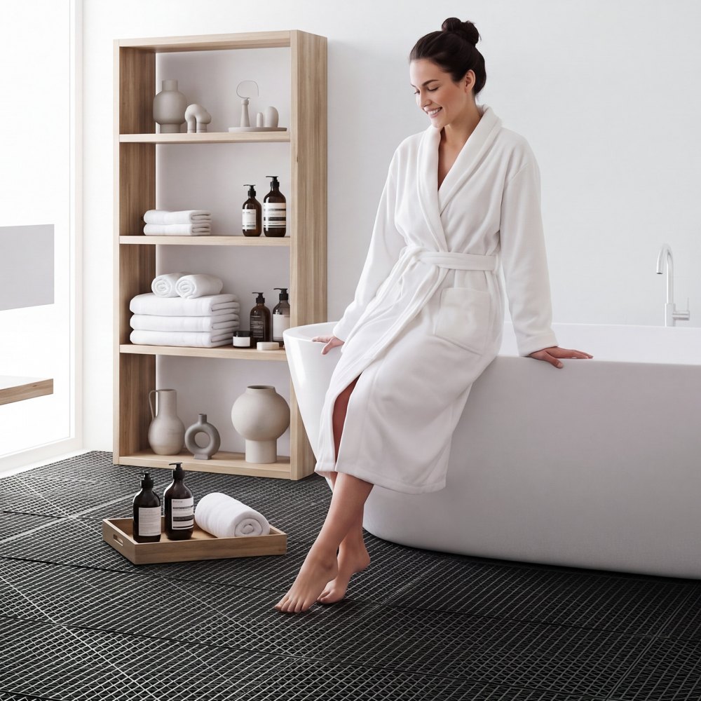 VEVOR Modular Interlocking Cushion 24 Pack Splicing Drainage Mats Black, for Bathrooms Restrooms Pools Kitchens, 300x300 mm Non-Slip PVC Interlocking Floor Tiles, 15 mm Thickened, Easy to Clean