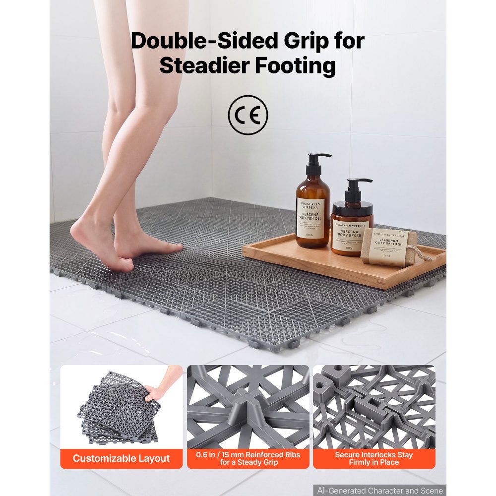 VEVOR Modular Interlocking Cushion 50 Pack Splicing Drainage Mats Gray, for Bathrooms Restrooms Pools Kitchens, 300x300 mm Non-Slip PVC Interlocking Floor Tiles, 15 mm Thickened, Easy to Clean