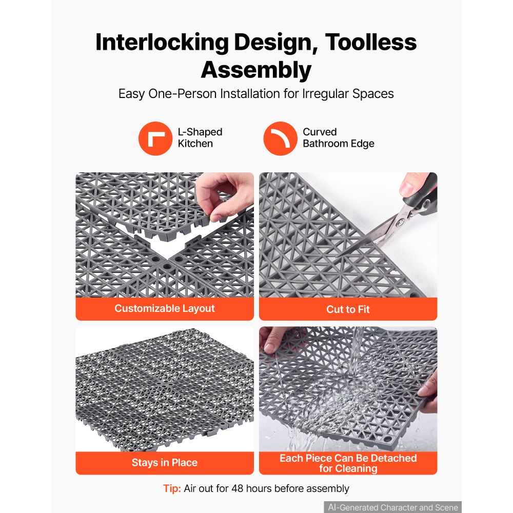 VEVOR Modular Interlocking Cushion 50 Pack Splicing Drainage Mats Gray, for Bathrooms Restrooms Pools Kitchens, 300x300 mm Non-Slip PVC Interlocking Floor Tiles, 15 mm Thickened, Easy to Clean