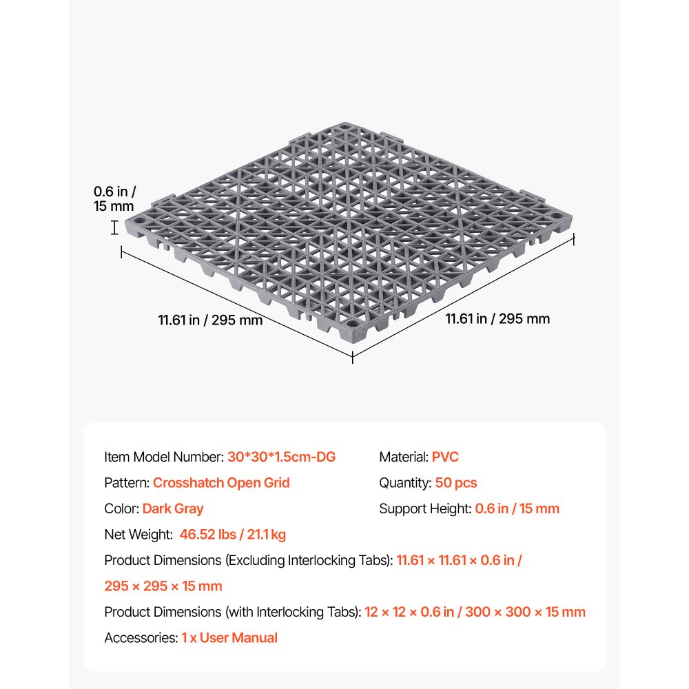 VEVOR Modular Interlocking Cushion 50 Pack Splicing Drainage Mats Gray, for Bathrooms Restrooms Pools Kitchens, 300x300 mm Non-Slip PVC Interlocking Floor Tiles, 15 mm Thickened, Easy to Clean