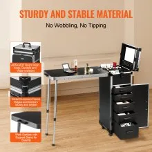 VEVOR Professional Makeup Train Case Aluminum Cosmetic Case, Workbench With Supporting Legs, Rolling Makeup Case Extra Large Trolley Makeup Travel Organizer, with 360° Swivel Wheels, Black