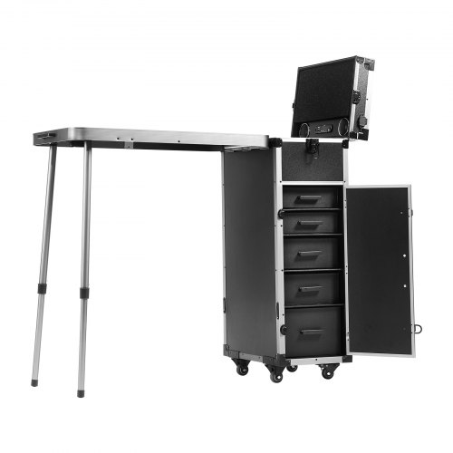 VEVOR Professional Makeup Train Case Aluminum Cosmetic Case, Workbench With Supporting Legs, Rolling Makeup Case Extra Large Trolley Makeup Travel Organizer, with 360° Swivel Wheels, Black
