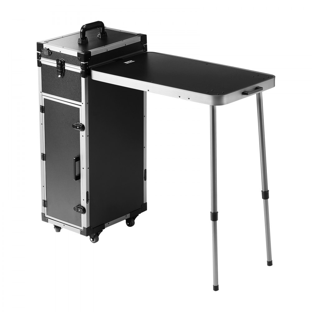 VEVOR Professional Makeup Train Case Aluminum Cosmetic Case, Workbench With Supporting Legs, Rolling Makeup Case Extra Large Trolley Makeup Travel Organizer, with 360° Swivel Wheels, Black