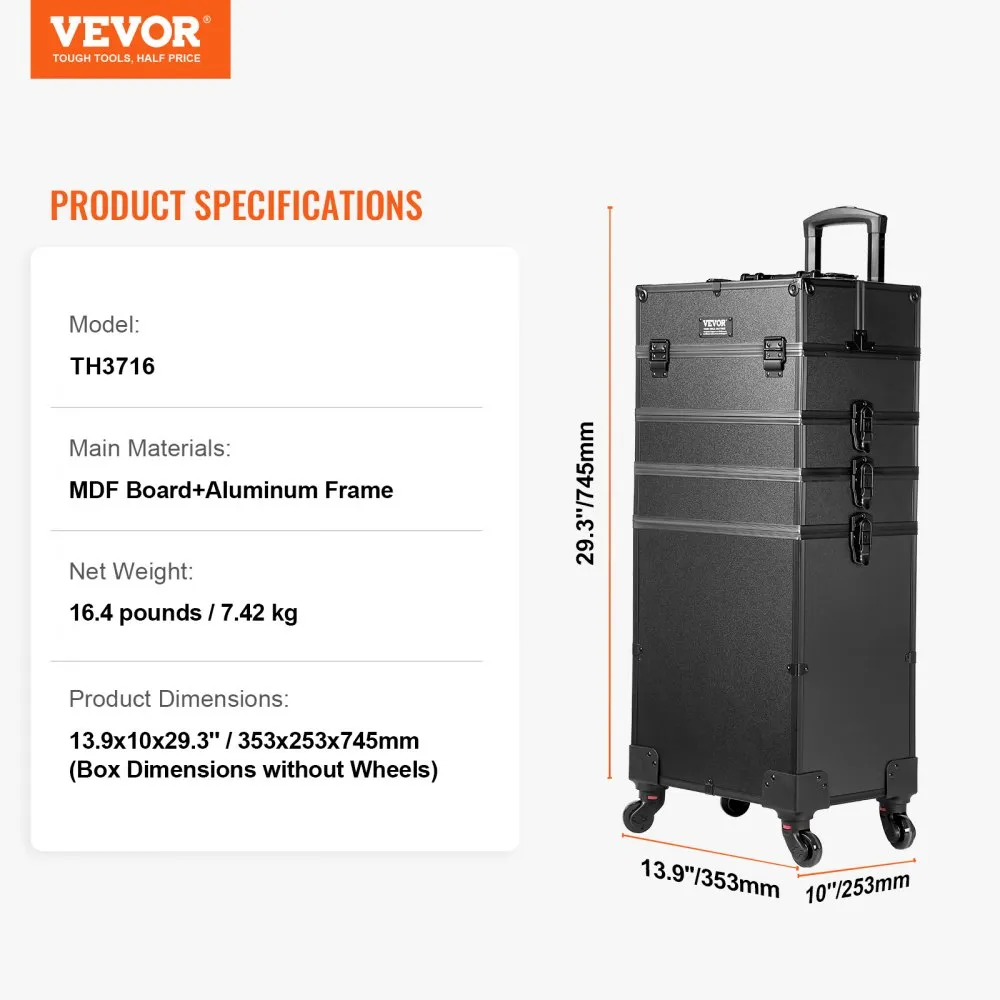 VEVOR makeup train case model th3716, mdf board with aluminum frame, 16.4 lbs, dimensions 13.9&quot;x10&quot;x29.3&quot;.