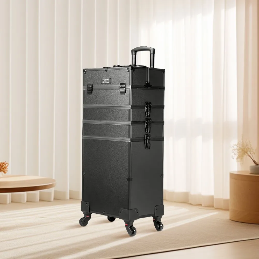 black VEVOR makeup train case with wheels and handle, standing in a bright room with beige curtains.
