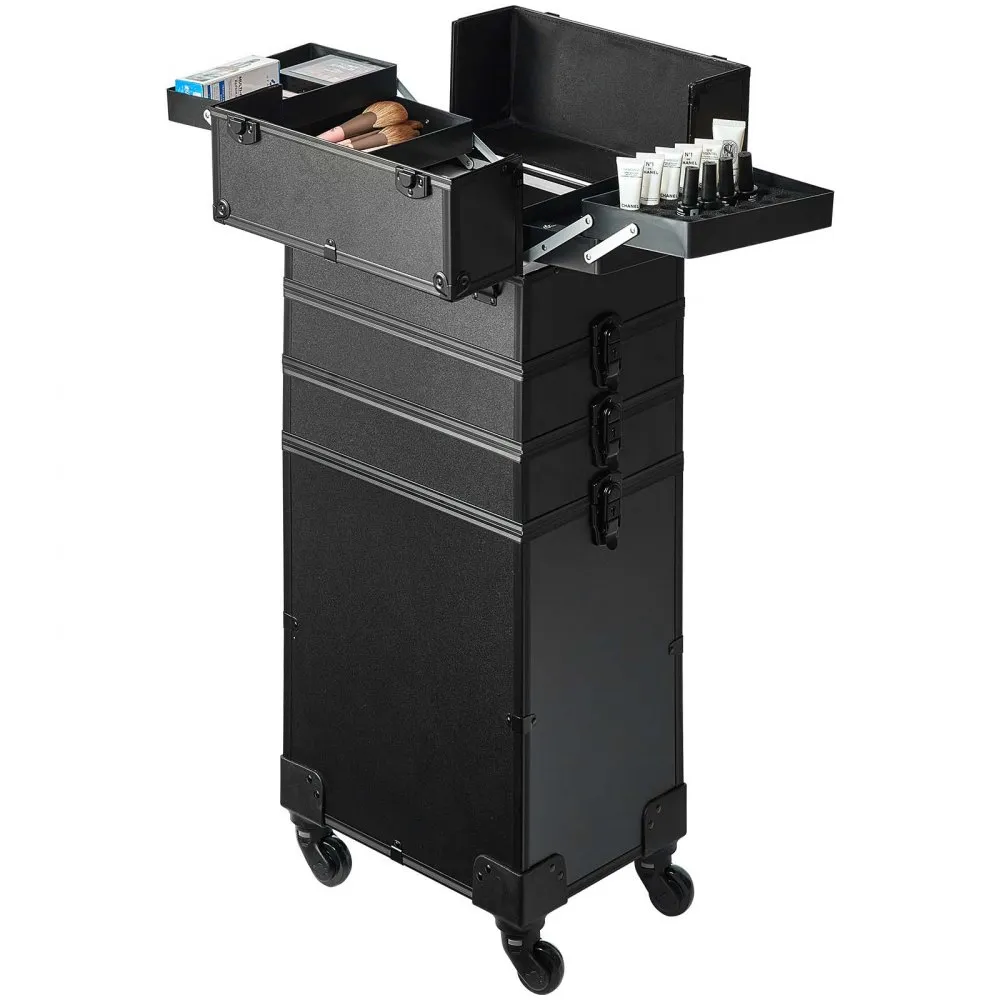 black VEVOR makeup train case with multiple compartments, drawers, and wheels for easy mobility.