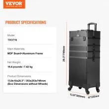 VEVOR 5 in 1 Professional Makeup Train Case Aluminum Cosmetic Case, Rolling Makeup Case Extra Large Trolley Makeup Travel Organizer, with 360° Swivel Wheels & Adjustable Pull Rod, Black
