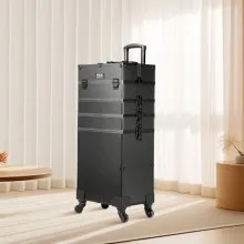 VEVOR 5 in 1 Professional Makeup Train Case Aluminum Cosmetic Case, Rolling Makeup Case Extra Large Trolley Makeup Travel Organizer, with 360° Swivel Wheels & Adjustable Pull Rod, Black