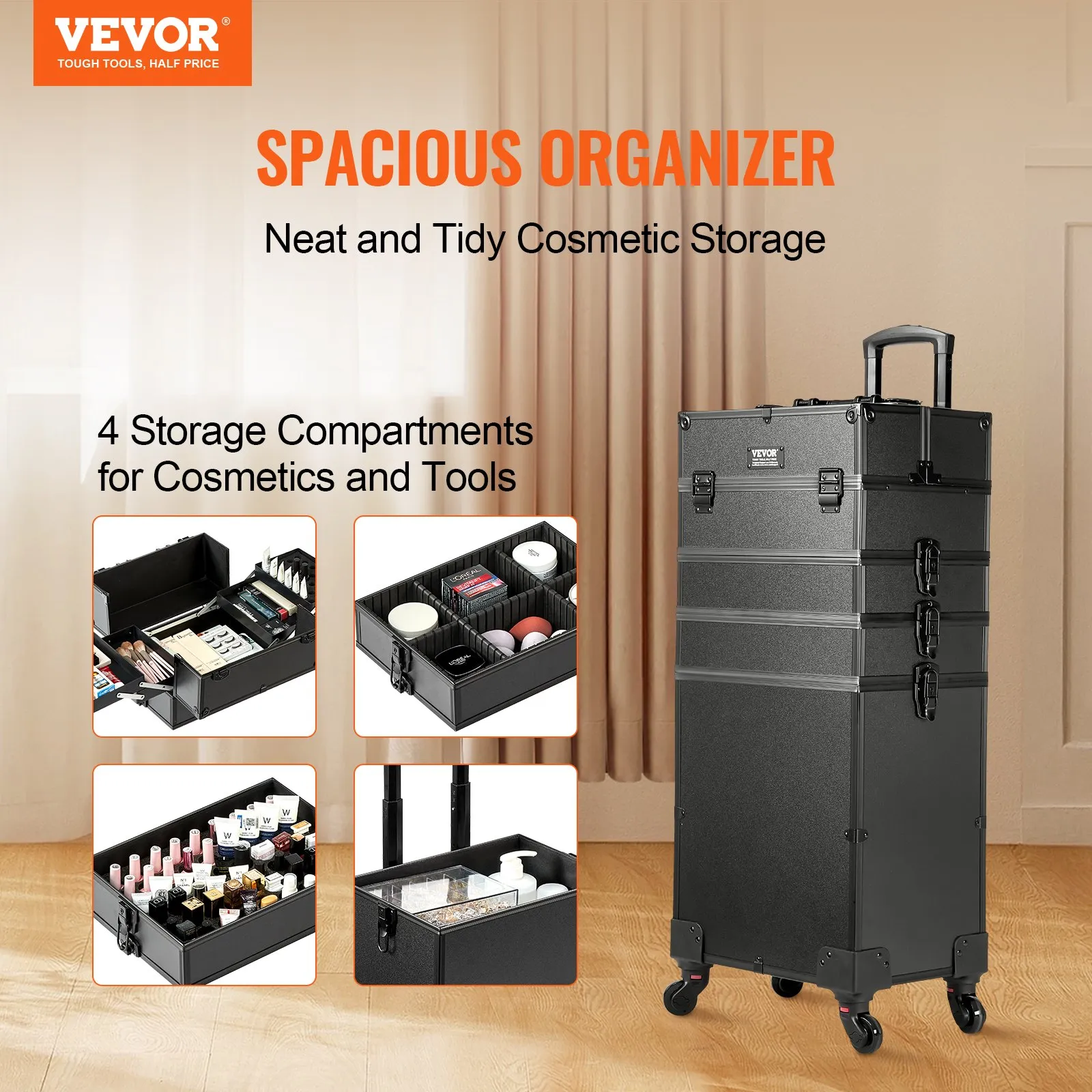 VEVOR makeup train case with 4 compartments for cosmetics and tools, providing neat organization.