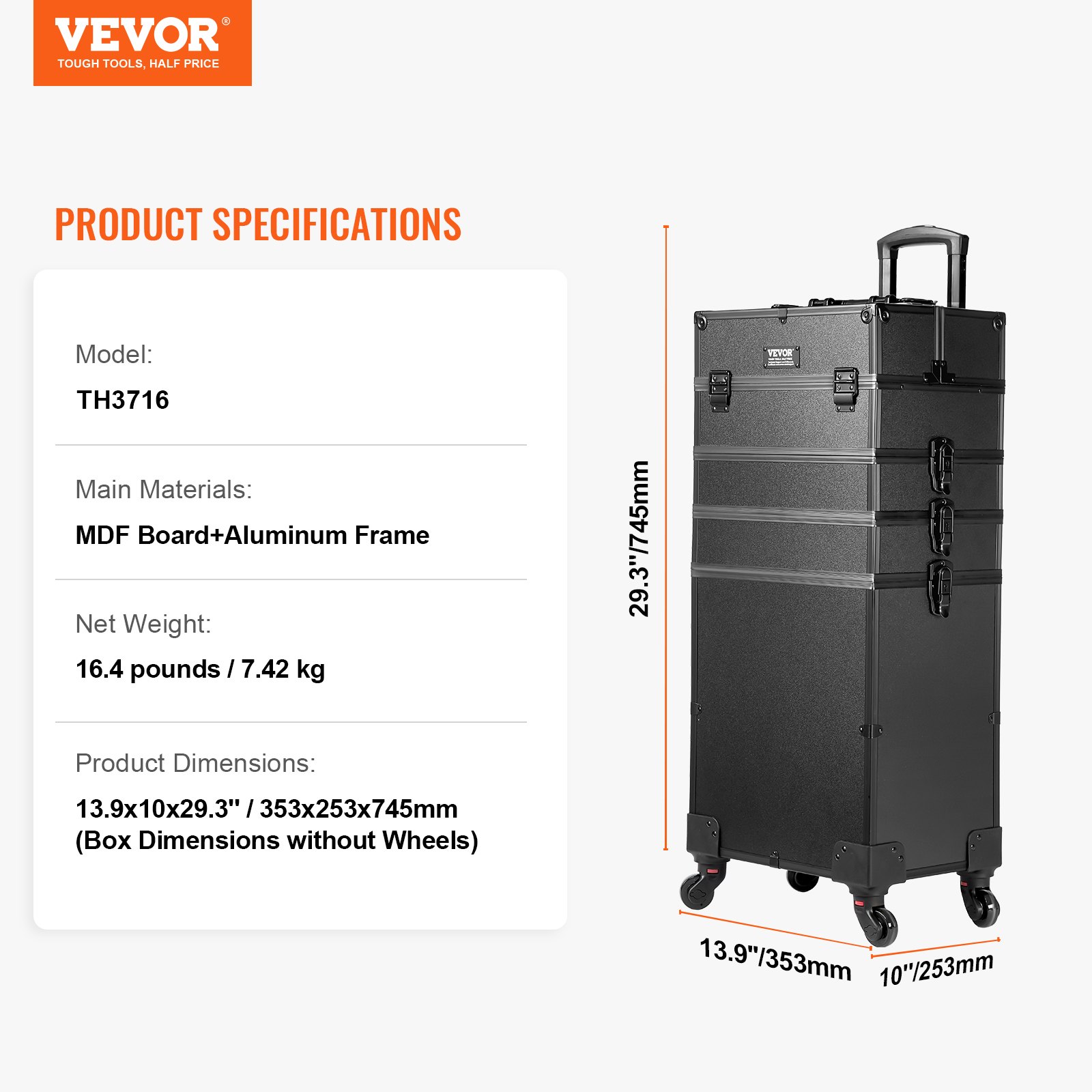 VEVOR makeup train case model th3716, mdf board with aluminum frame, 16.4 lbs, dimensions 13.9&quot;x10&quot;x29.3&quot;.