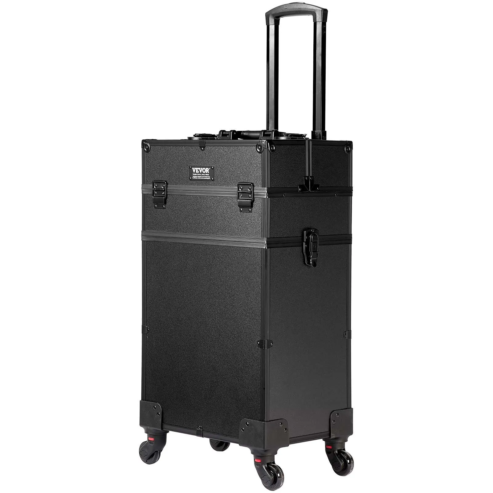 black VEVOR makeup train case with wheels and retractable handle, showcasing compact design and durability.