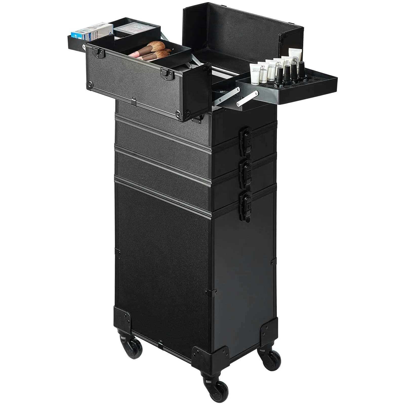 black VEVOR makeup train case with multiple compartments, drawers, and wheels for easy mobility.