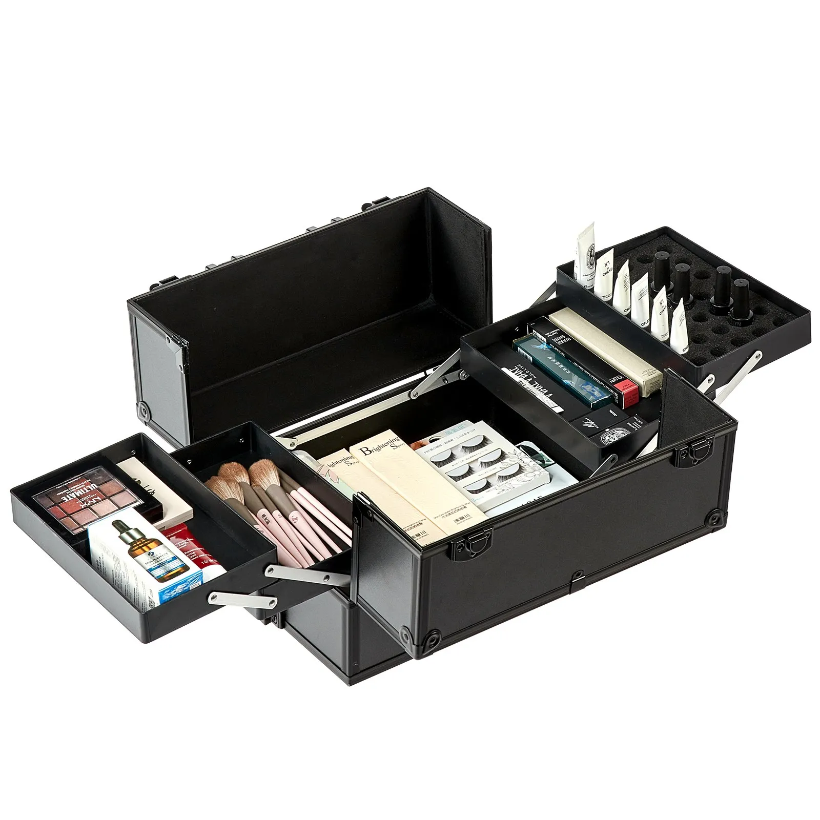open black VEVOR makeup train case organized with brushes, palettes, lashes, and beauty products.