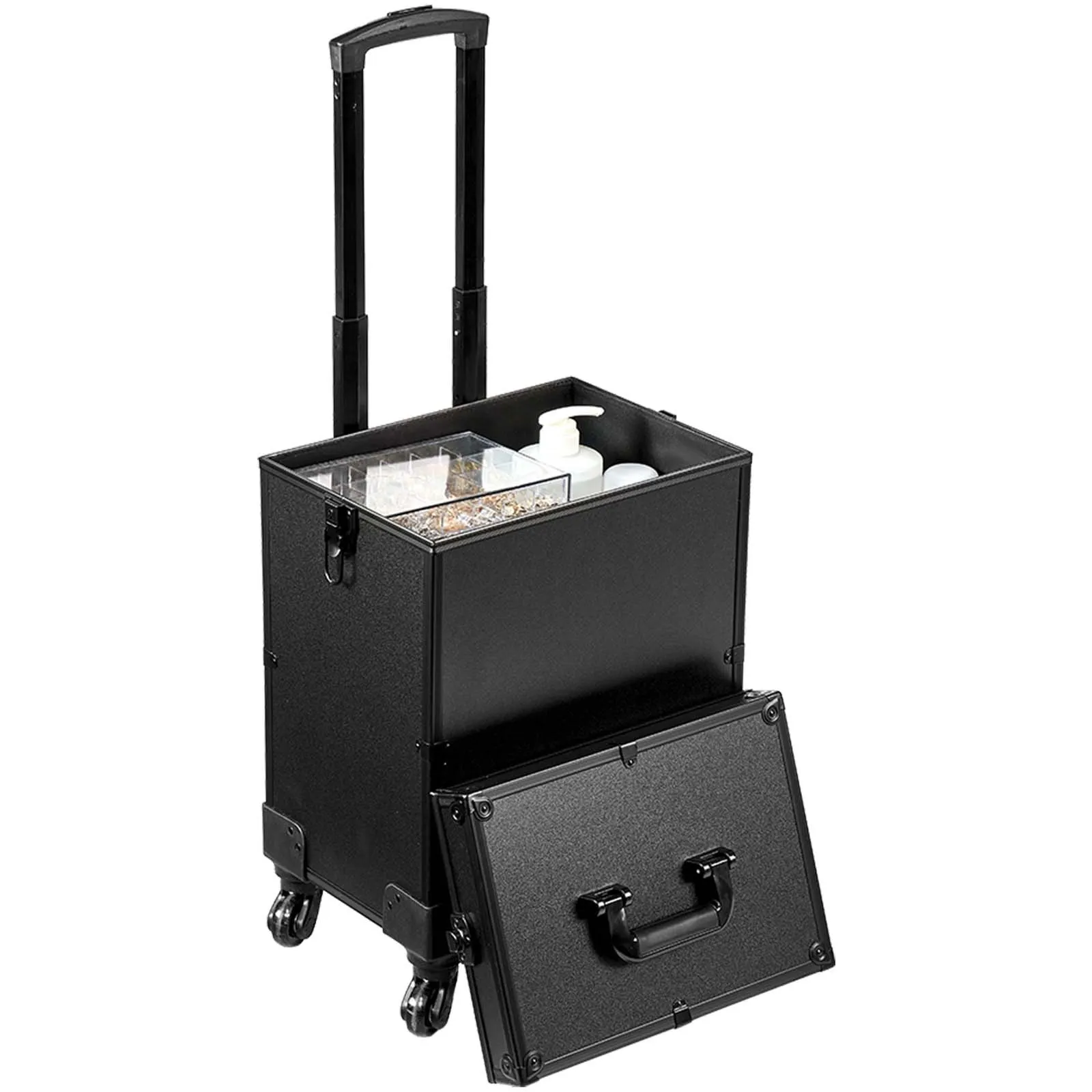 black VEVOR makeup train case with compartments, extended handle, and wheels for easy mobility.