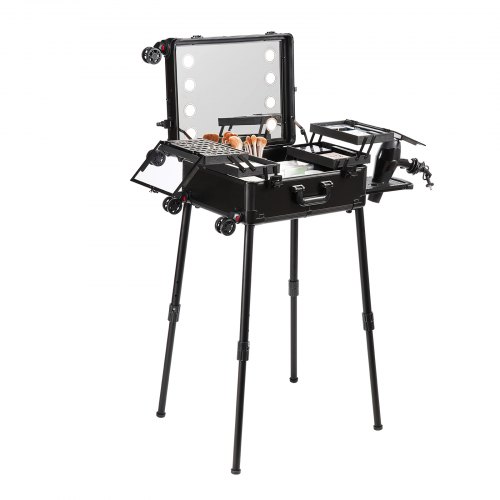 VEVOR Makeup Train Case with Lock, Lighted Mirror, 4 Storage Trays, Brush Holder, Speaker Travel Cosmetic Organizer Box w/ Swivel Wheels, Professional Artist Trolley Studio Free Standing Case